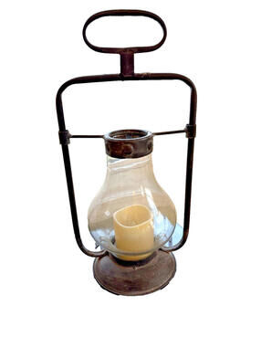 Modern Decorative Lantern with Distressed Metal and Glass Shade